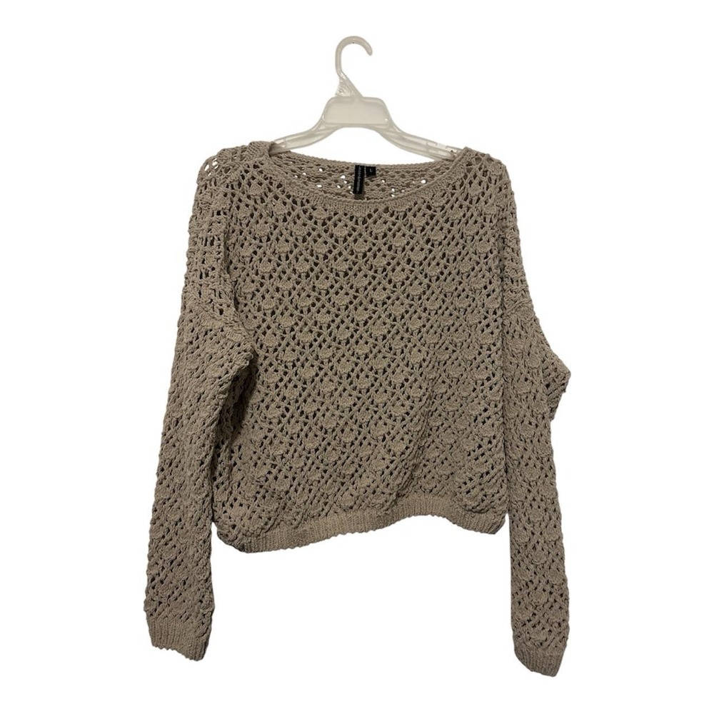 Moon & Madison tan crochet sweater with diamond-shaped knit pattern